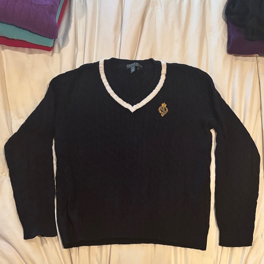 Ralph Lauren Vintage Y2K V-Neck Sweater Varsity Black White L